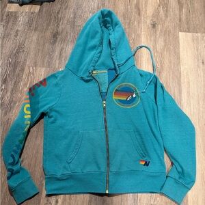 Aviator Nation Teal Hoodie with Sunset Stripe Label